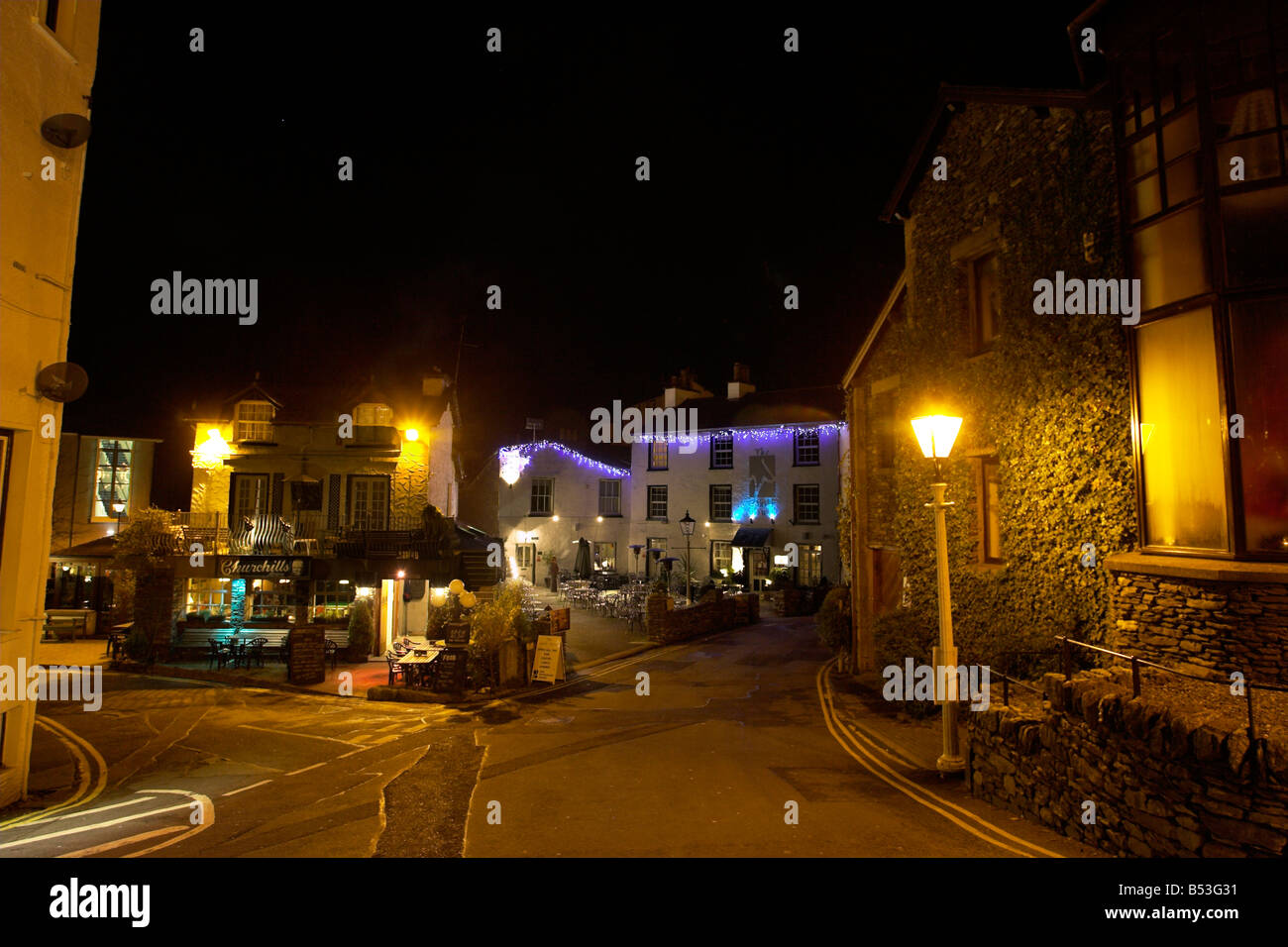Bowness on Windermere Village at night Stock Photo Alamy