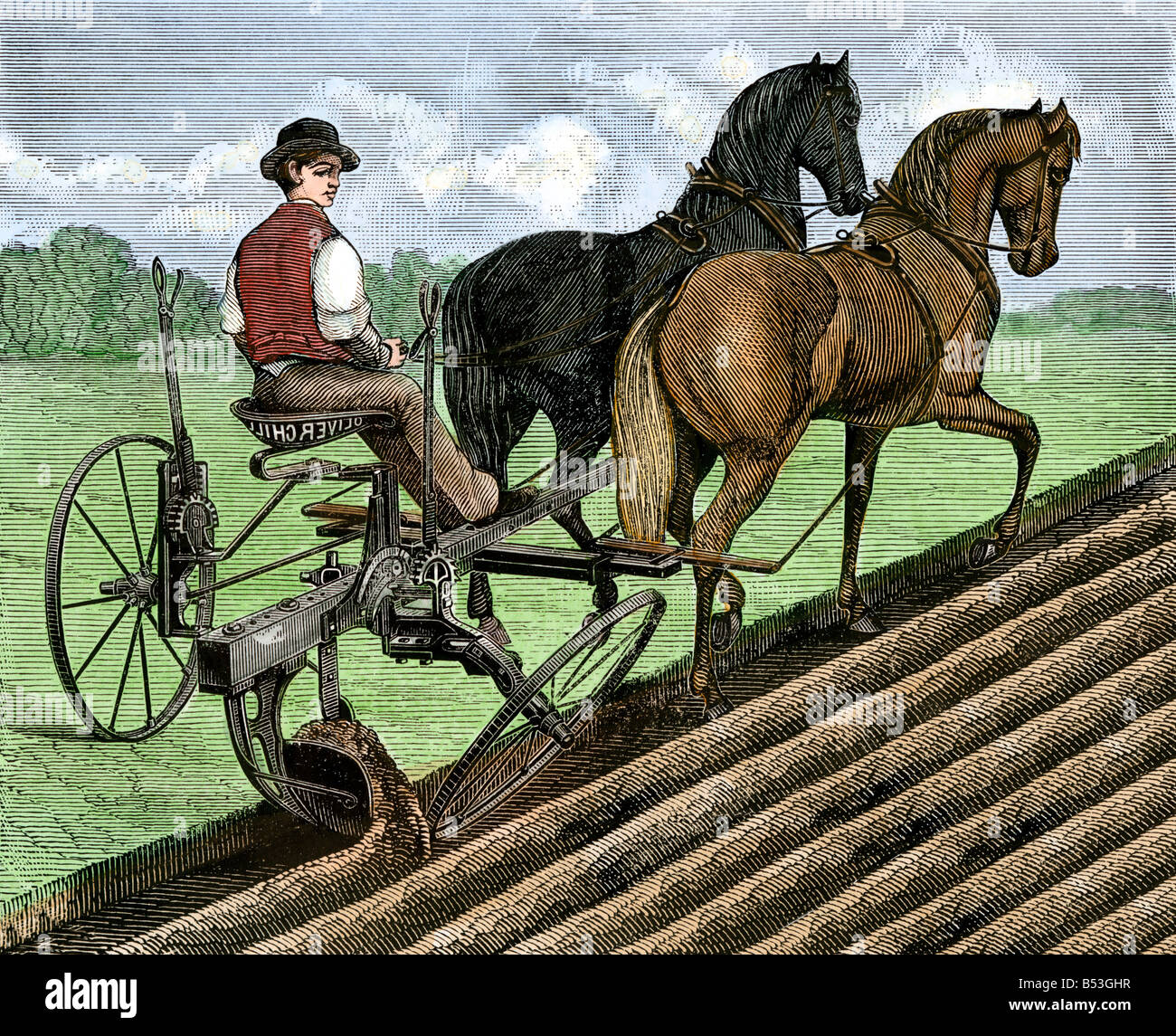 Farmer riding a sulky plow drawn by a pair of horses circa 1890. Hand-colored woodcut Stock Photo