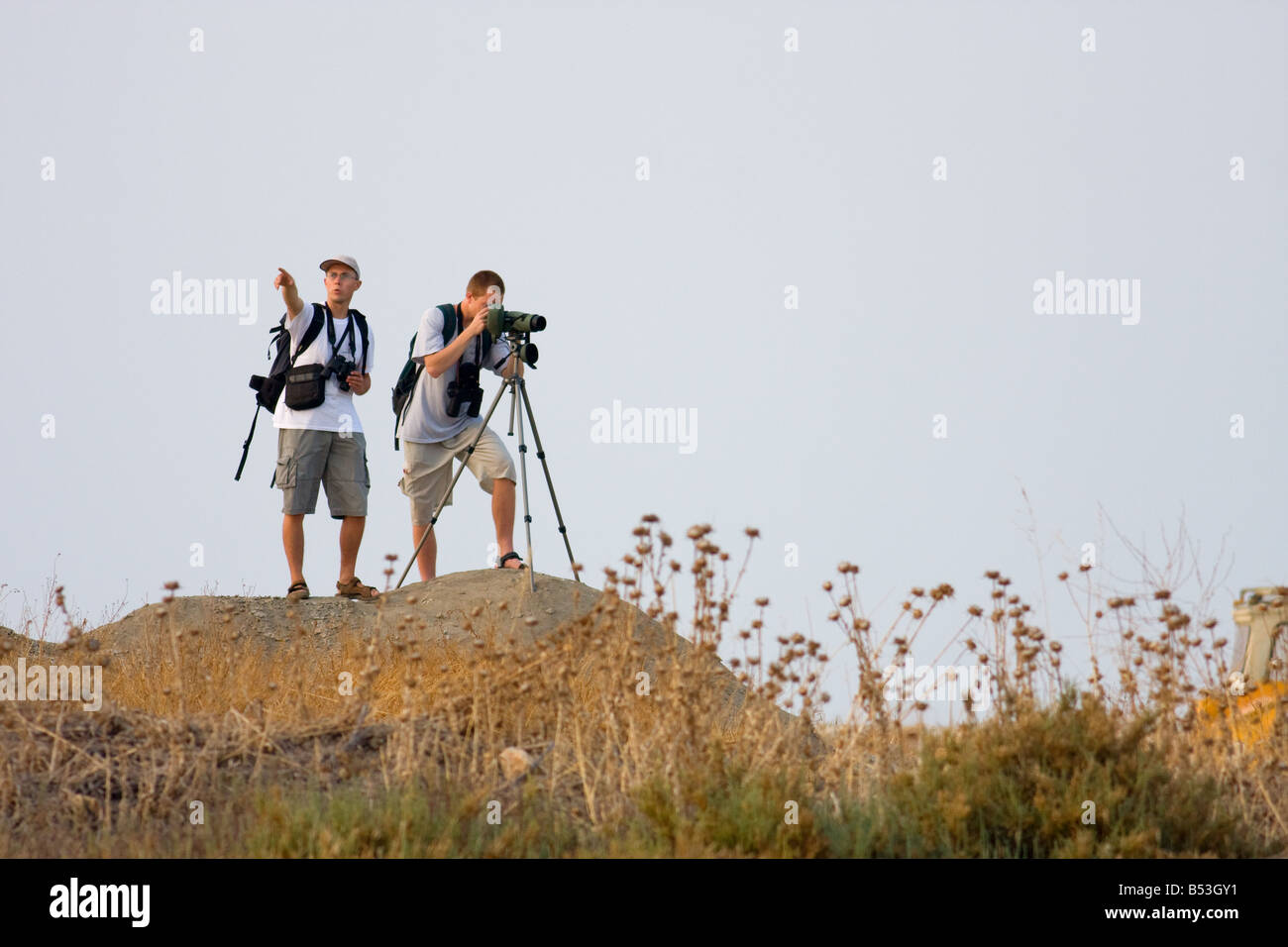 Two birdwatchers scanning the terrain Stock Photo
