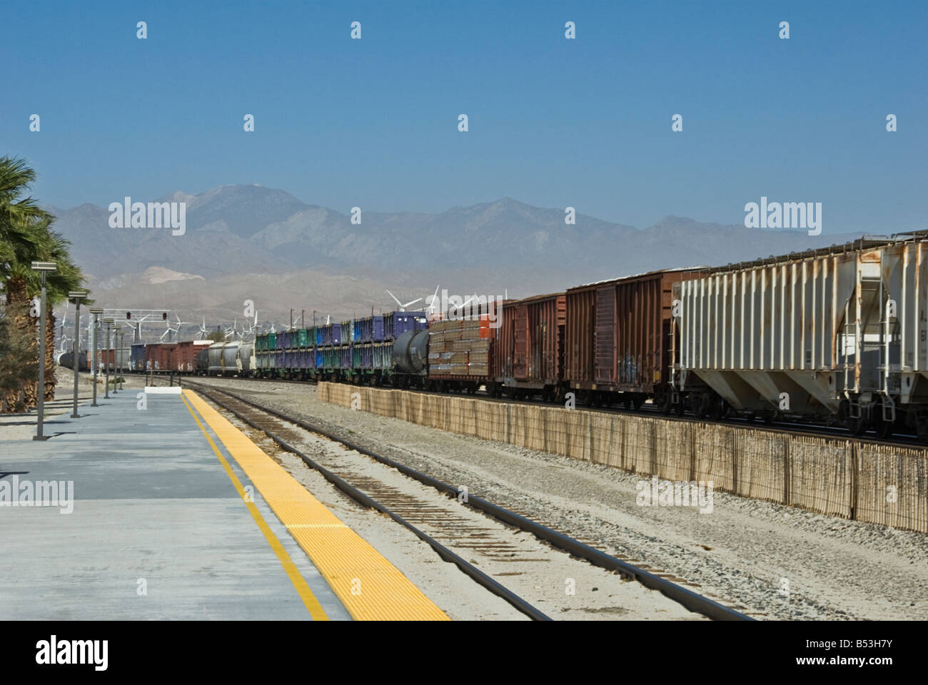 The Palm Springs North Amtrak train Station desert city in Riverside County, California Railroad tracks south of Interstate 10 Stock Photo