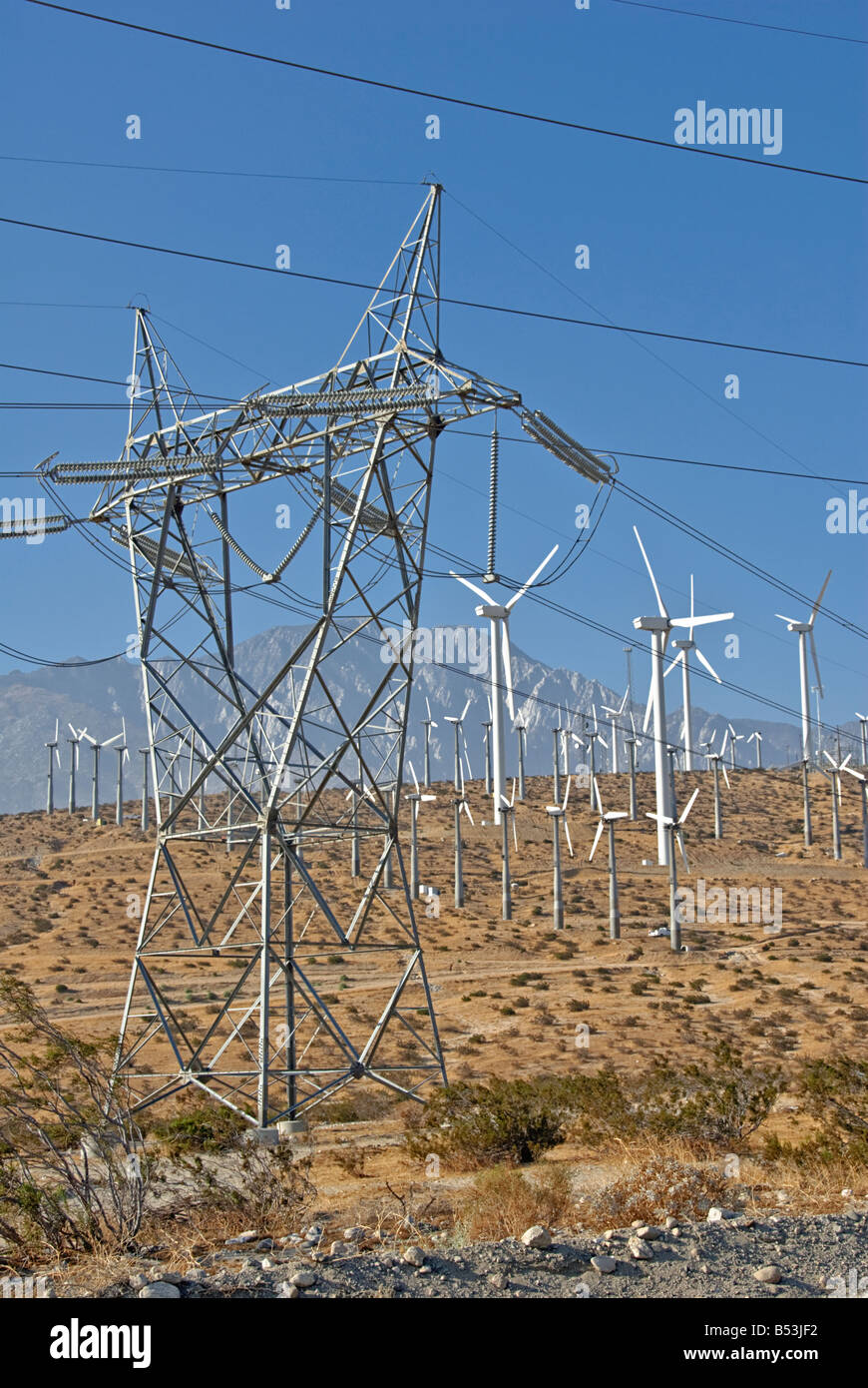 Wind Turbine field farm North Palm Springs CA San Gorgonio Pass small Green Power Electricity  Coachella Valley turbines Stock Photo