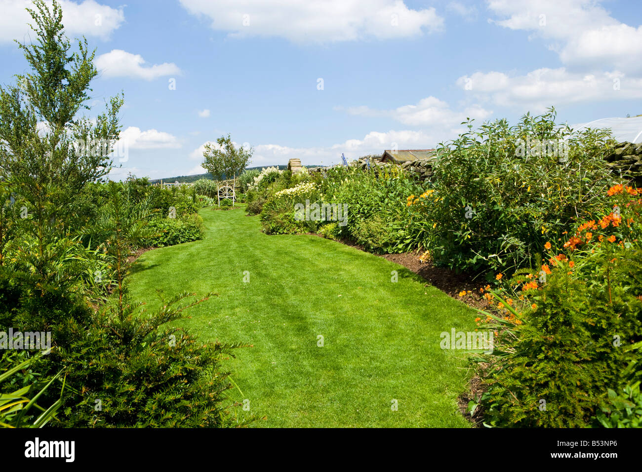 a windswept country garden with borders and beds. Stock Photo
