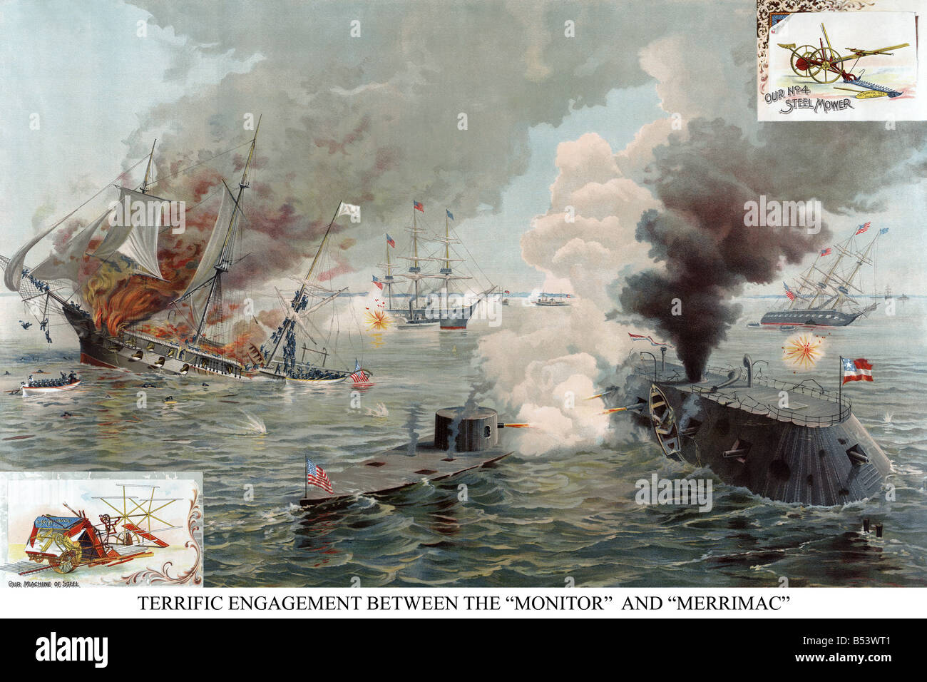 Naval Engagement of the Monitor & Merrimack or the Battle of Hampton Roads Stock Photo