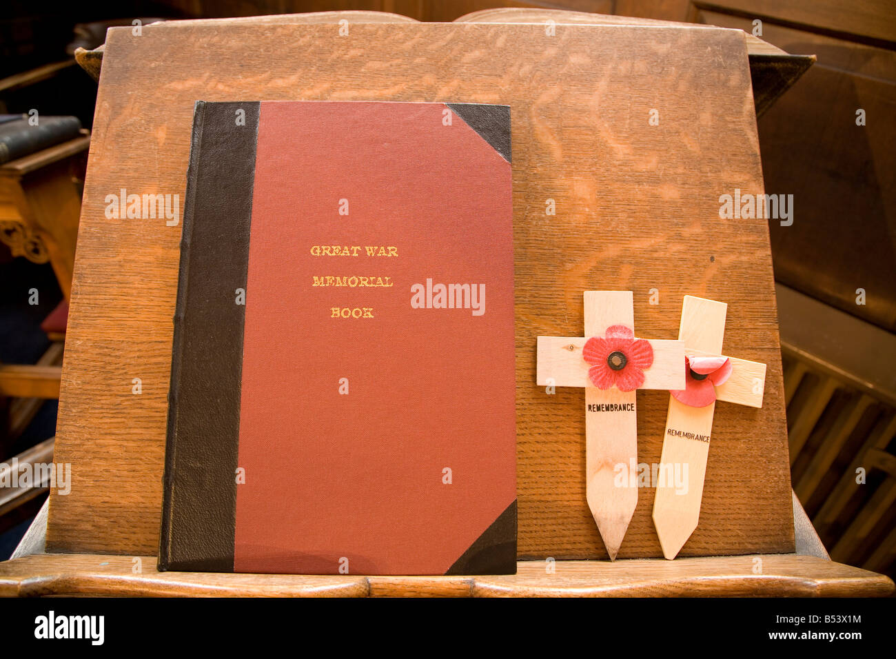 The Great War Memorial Book stands on a lectern in Sunderland's Holy Trinity Church. Stock Photo