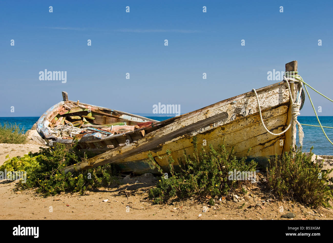 Abandoned boat, Argassi, Zante, Ionian Islands Greece. Stock Photo