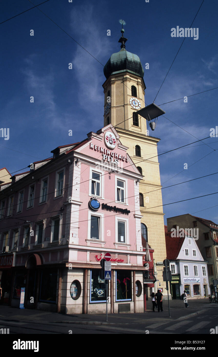 Street building frontal and church in Graz Styria Austria Stock Photo