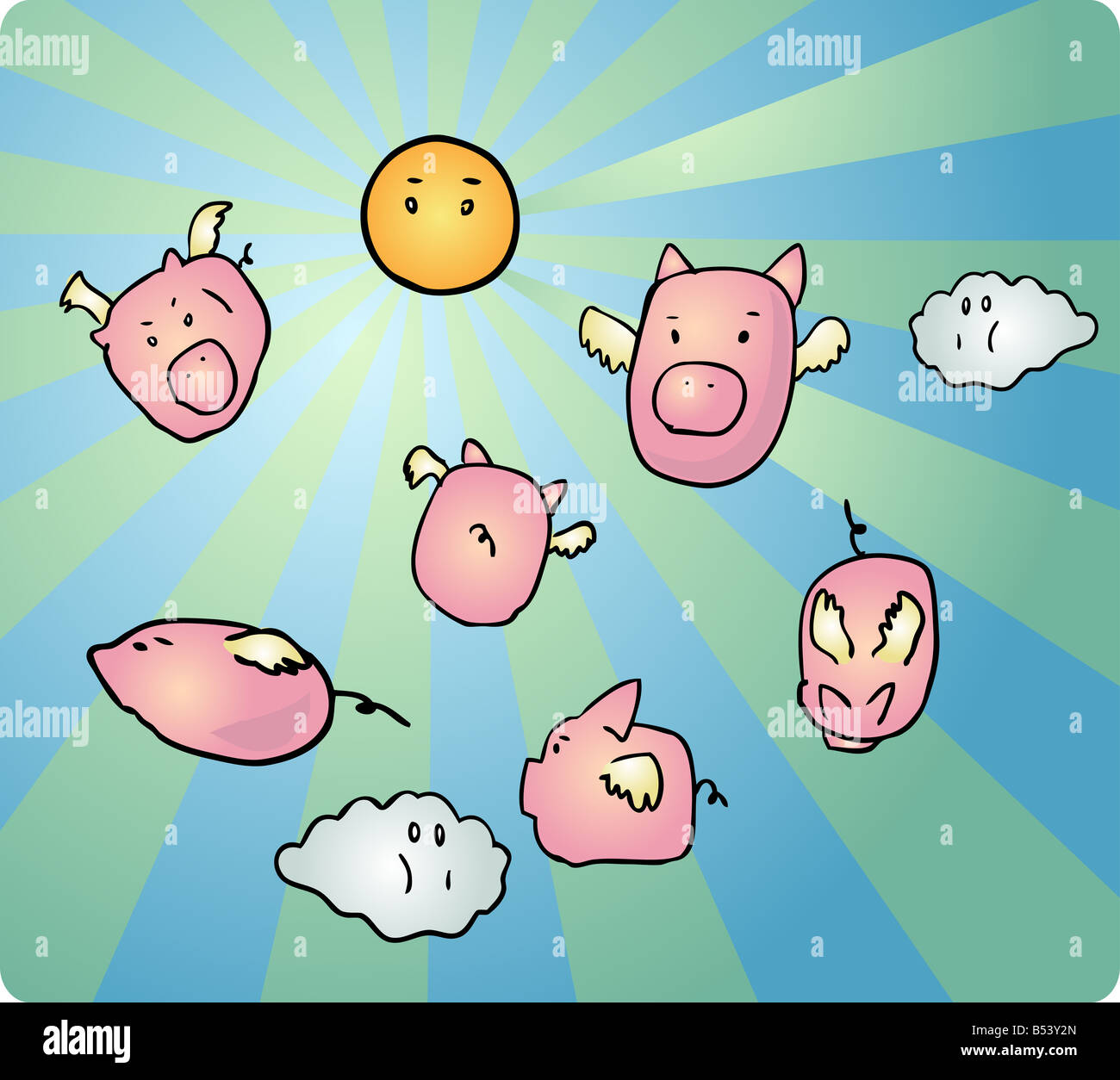 Group of various flying pigs in the sky retro hand drawn illustration Stock Photo