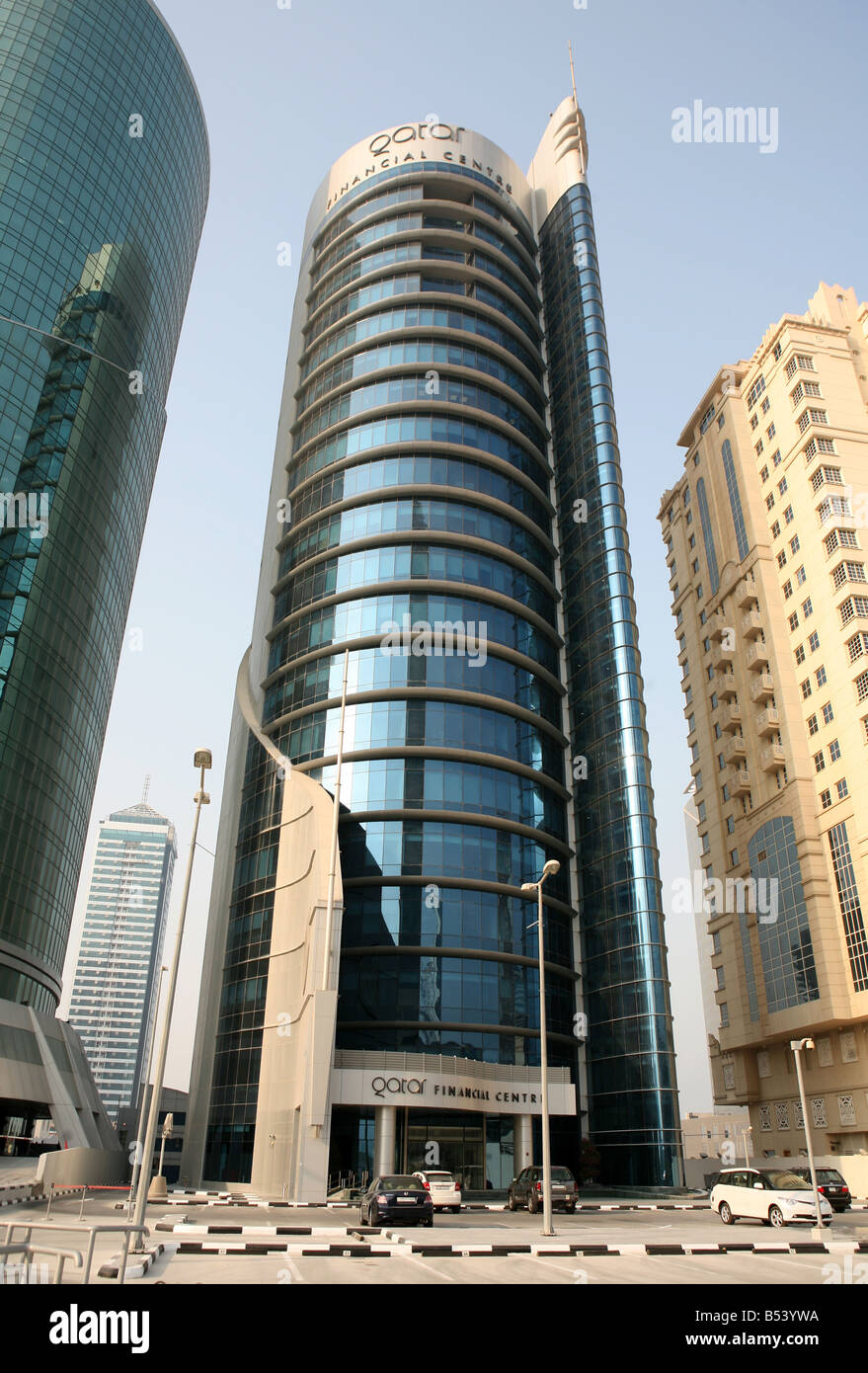A view of the front of the Qatar Financial Centre tower QFC is the base from which Qatar s sovereign wealth fund operates Stock Photo