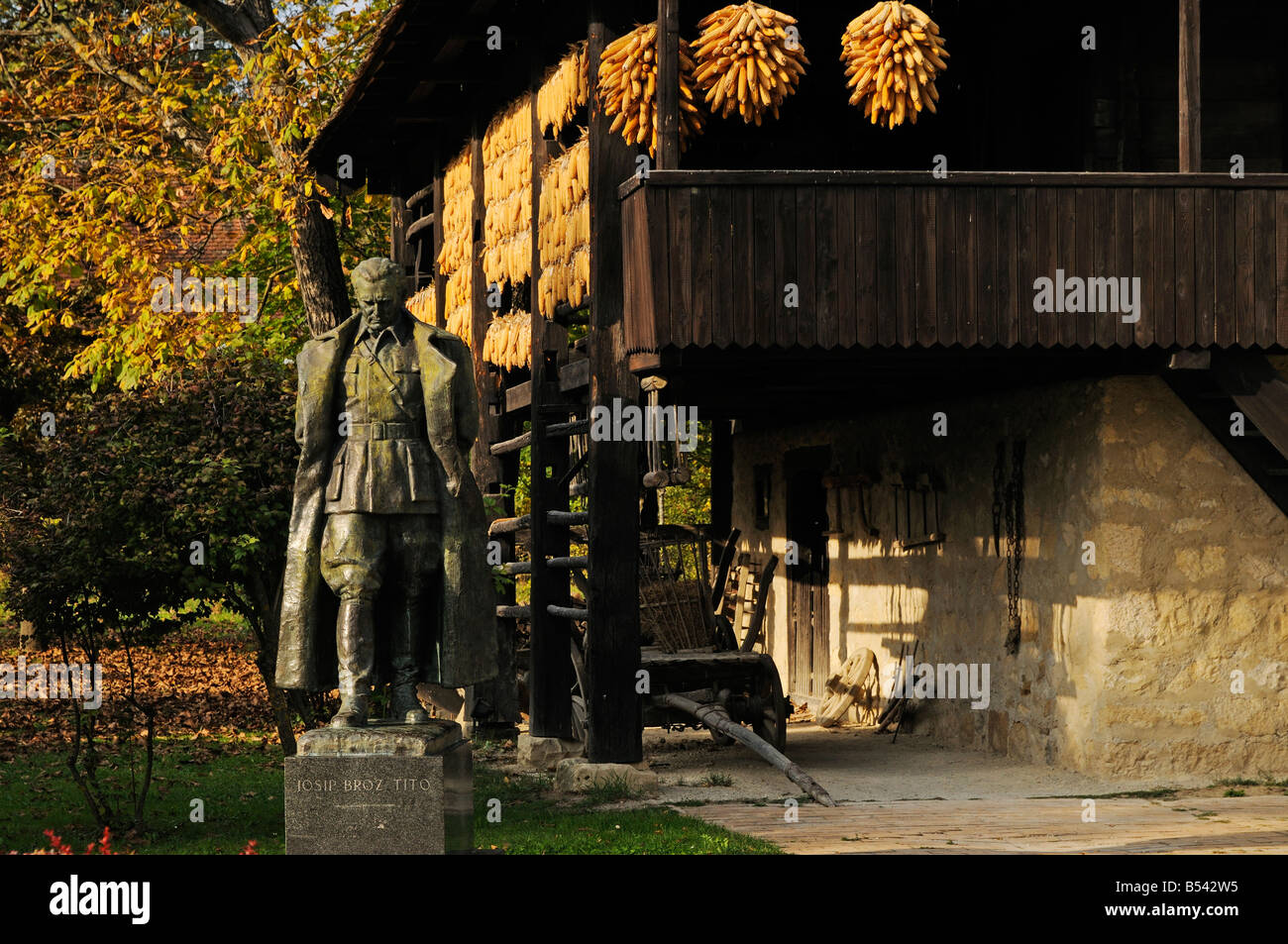 Ethnological Folk Museum Staro Selo in Kumrovec with the statue of Marshal Josip Broz Tito Stock Photo