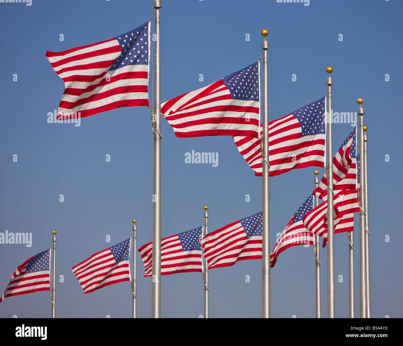WASHINGTON DC USA United States flags flying on flagpoles at the Washington Monument Stock Photo