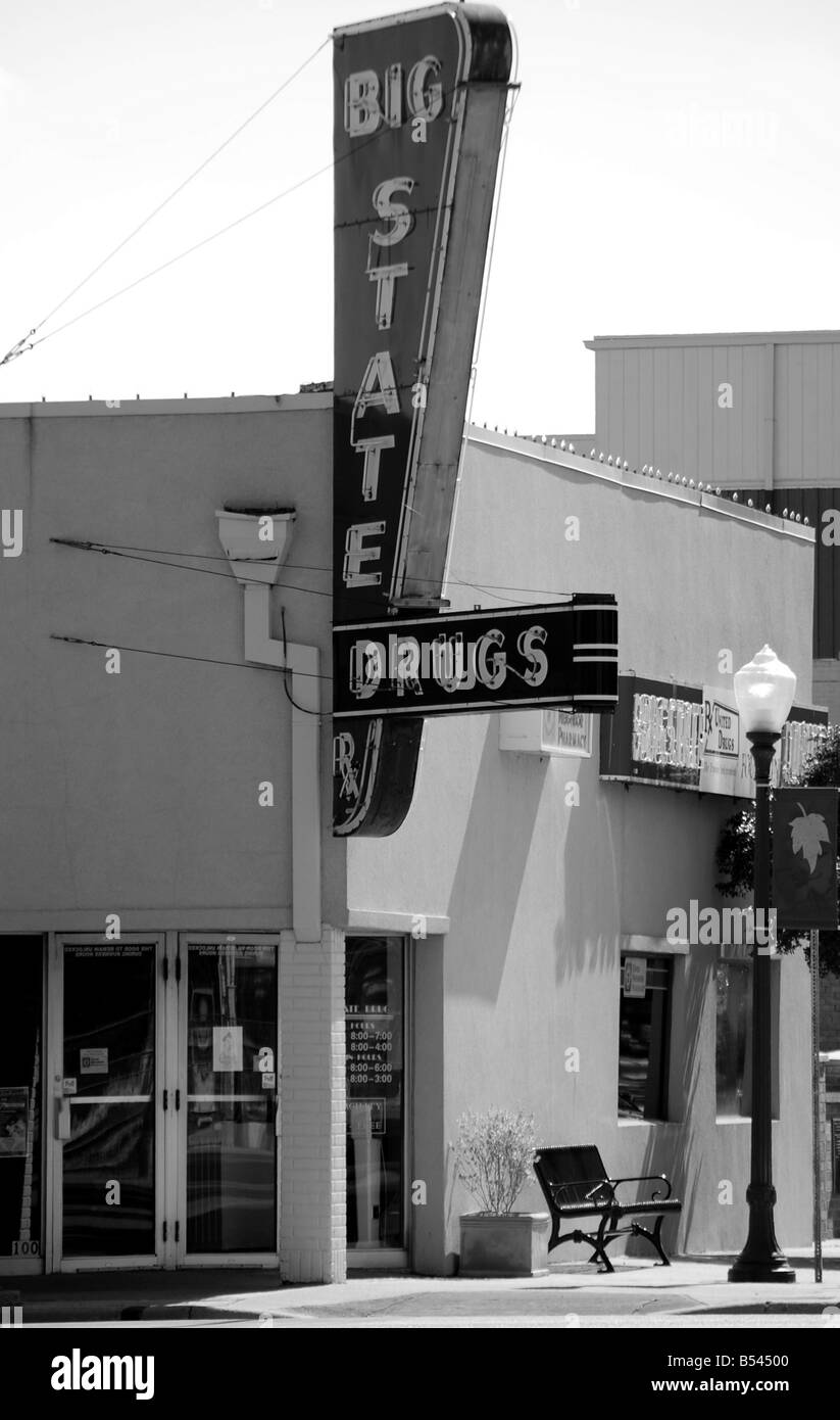 Black and white image of Big State Drug Store in downtown Irving, Texas Stock Photo
