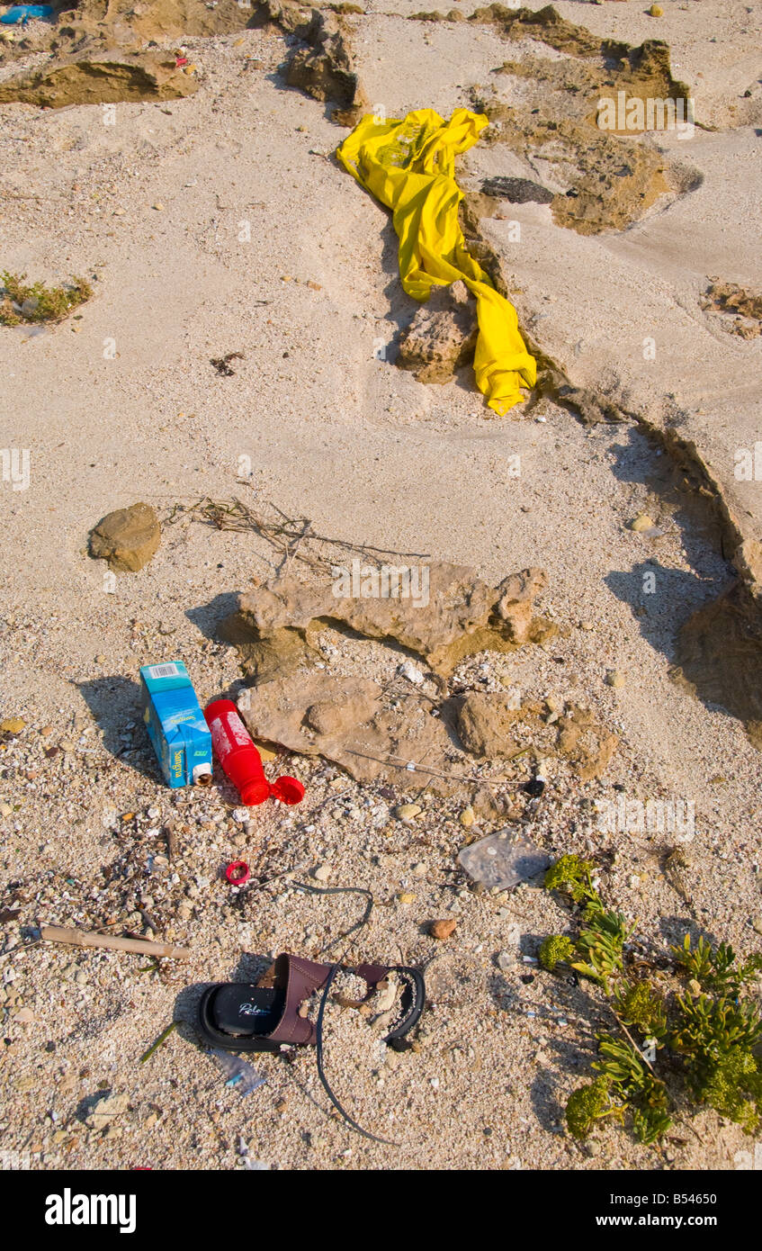 Plastic rubbish dumped on beach near Ayia Napa on the Mediterranean island of Cyprus EU Stock Photo