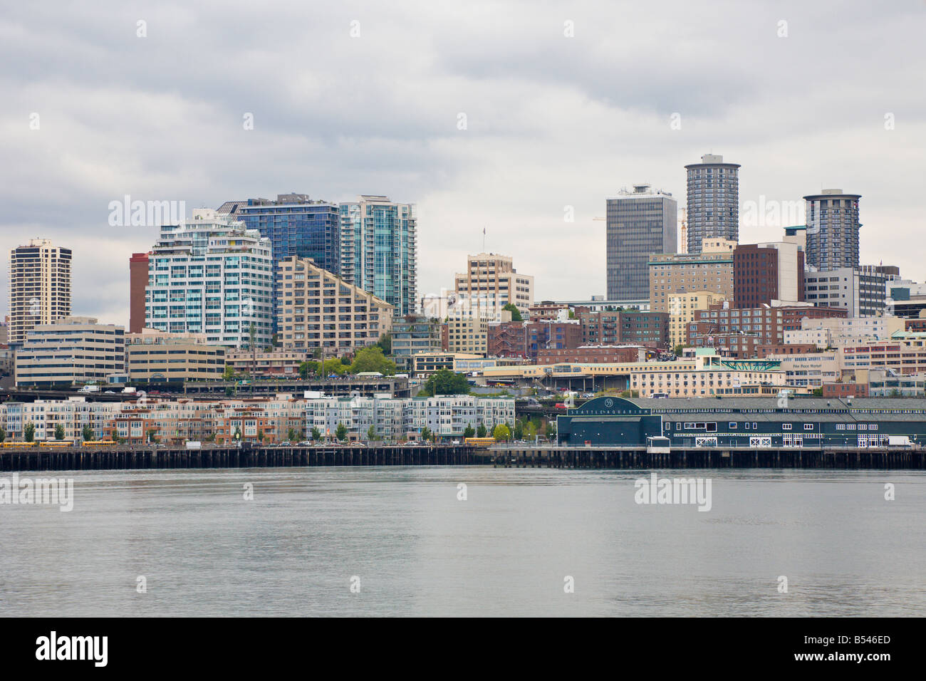 Seattle skyline along waterfront from Elliot Bay in the Puget Sound Stock Photo