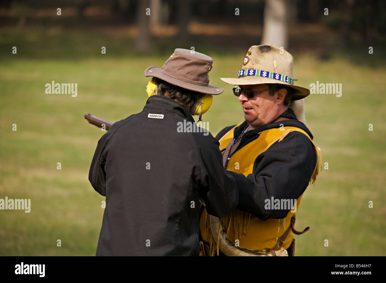 Demonstration of black powder rifle at Steam Engine Show at Westwold, 'British Columbia', Canada Stock Photo