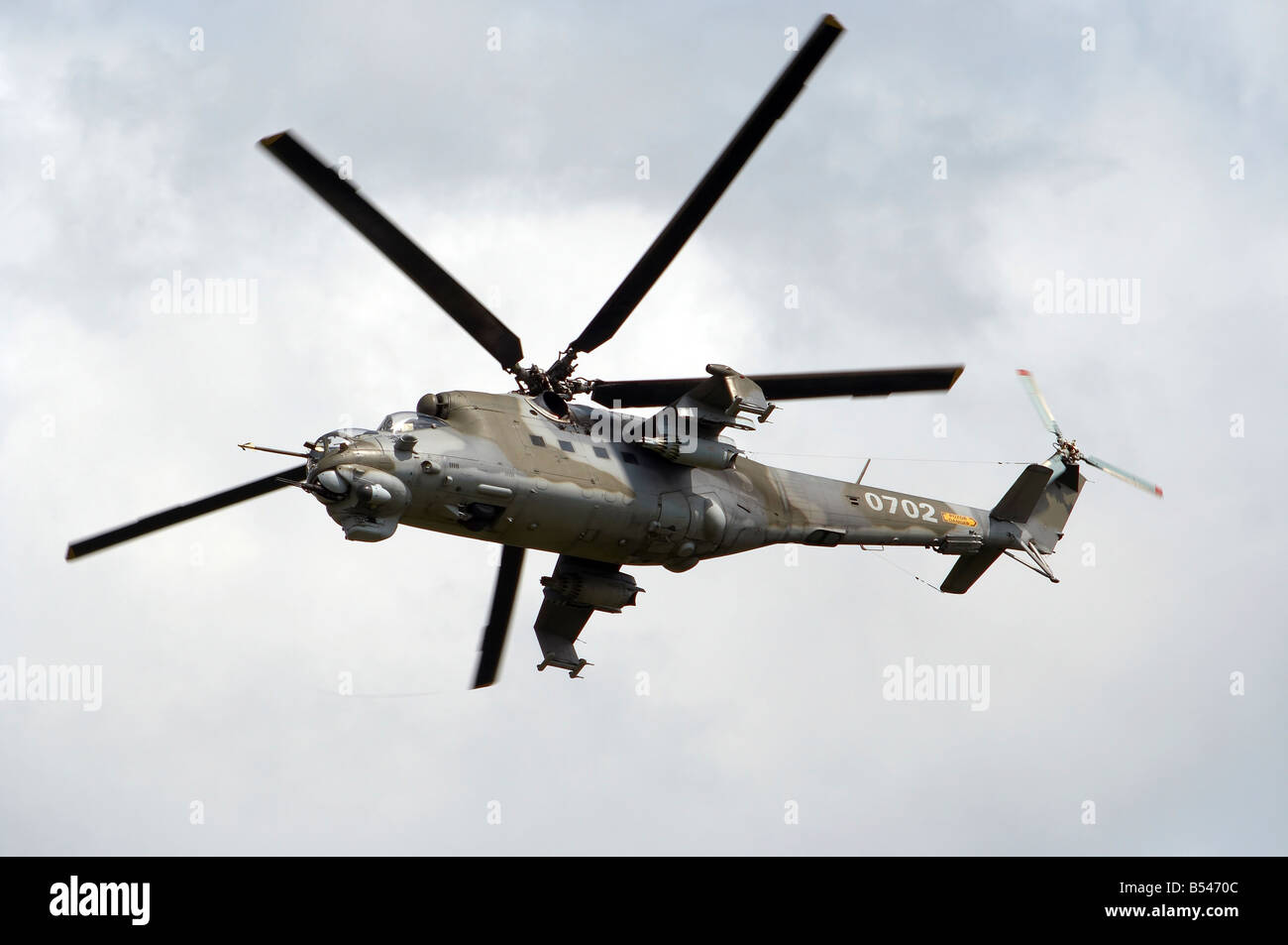 Shot of the flying gunship - armed forces - aircraft armament - model of the helicopter mi24 - mi35 Stock Photo