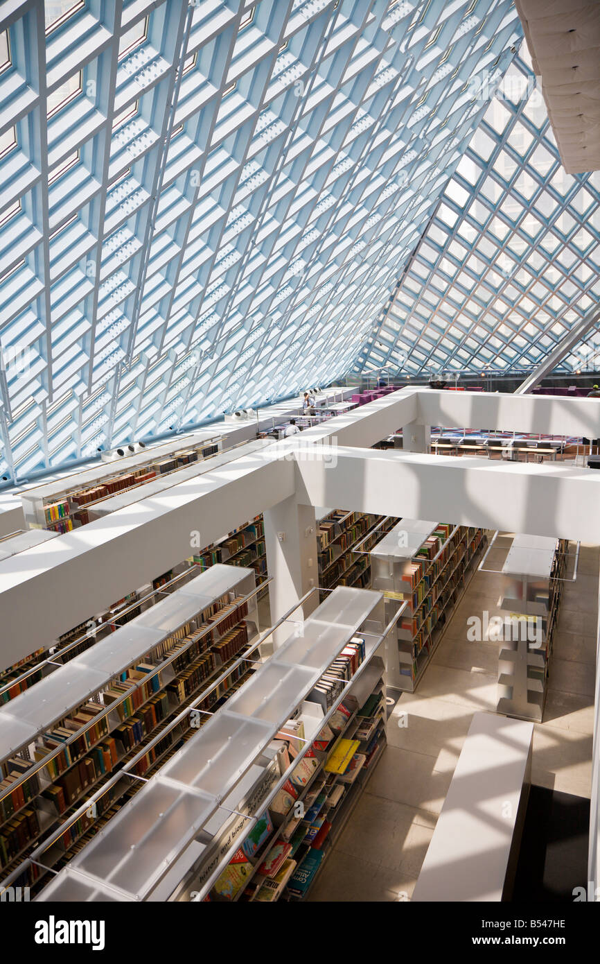 Interior of Seattle Public Library lobby in downtown Seattle Washington Stock Photo