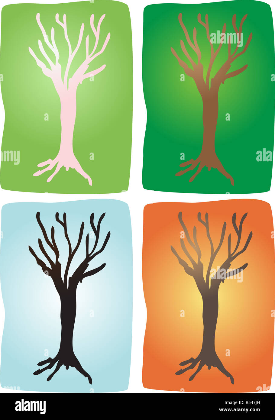 Trees in four seasons block print color illustration Stock Photo - Alamy