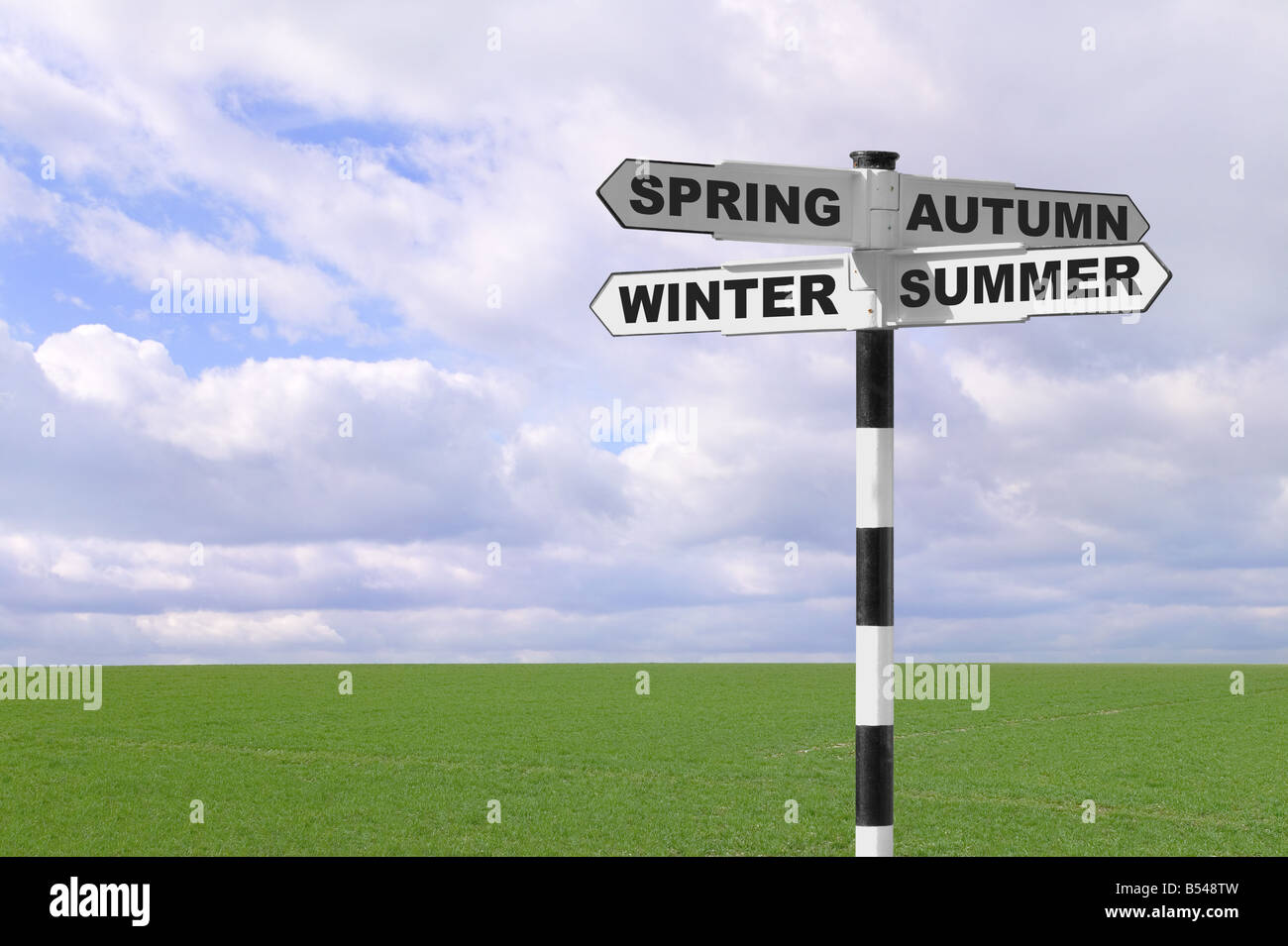Signpost with the names of the four seasons Stock Photo