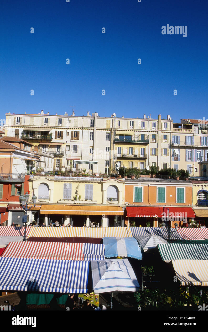 Cours Saleya market into the old town of Nice Alpes-Maritimes French Riviera Cote d'azur 06 paca France europe Stock Photo