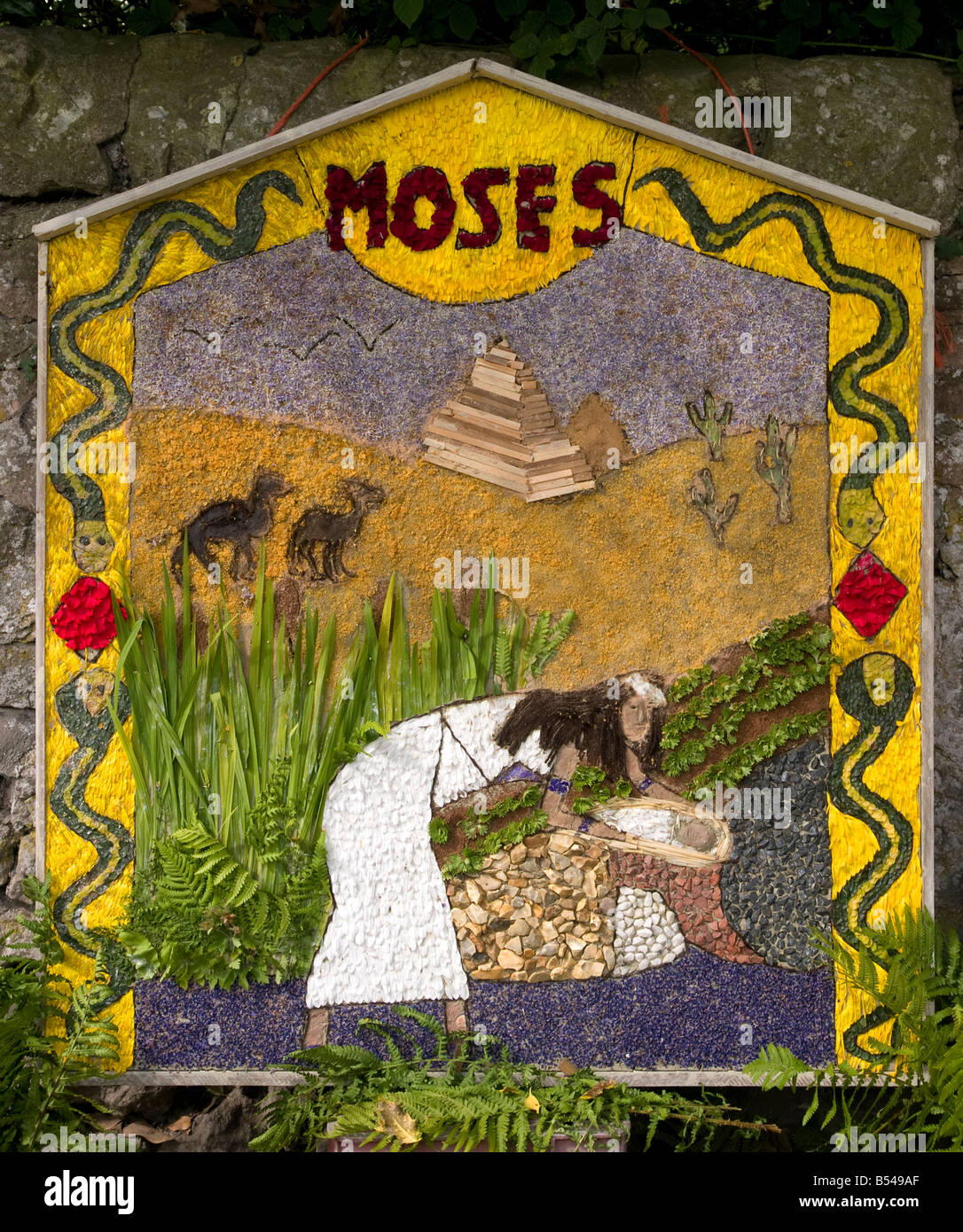 moses in the bullrushes traditional derbyshire well dressing at bonsall village Stock Photo