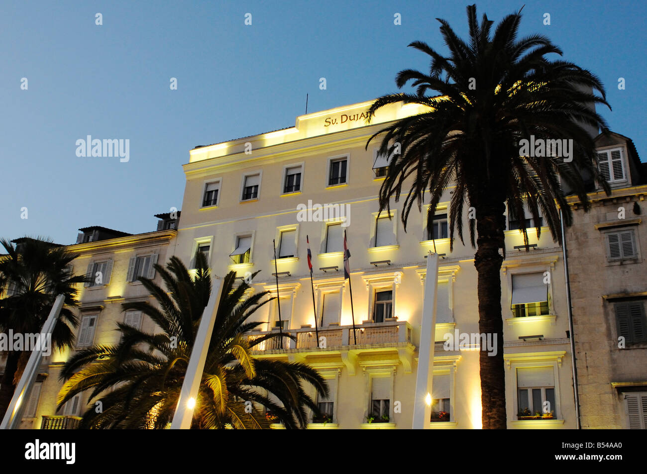 Hotel St Dujam on The Riva waterfront at dusk Split Croatia Stock Photo