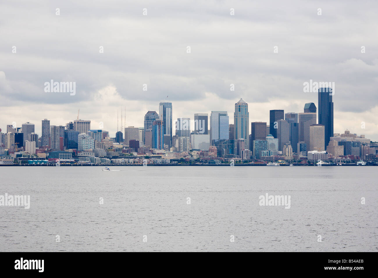 Seattle skyline on a typical cloudy day from Elliot Bay Stock Photo