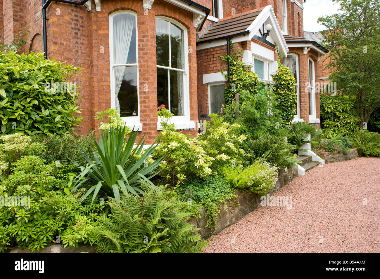 front garden of a large detached house with red gravel driveway and holly bushes Stock Photo