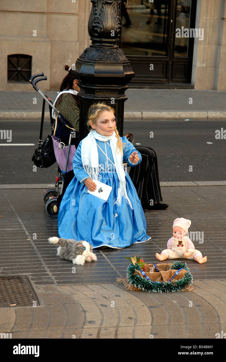 A street performer on the Las Ramblas walkway. Stock Photo