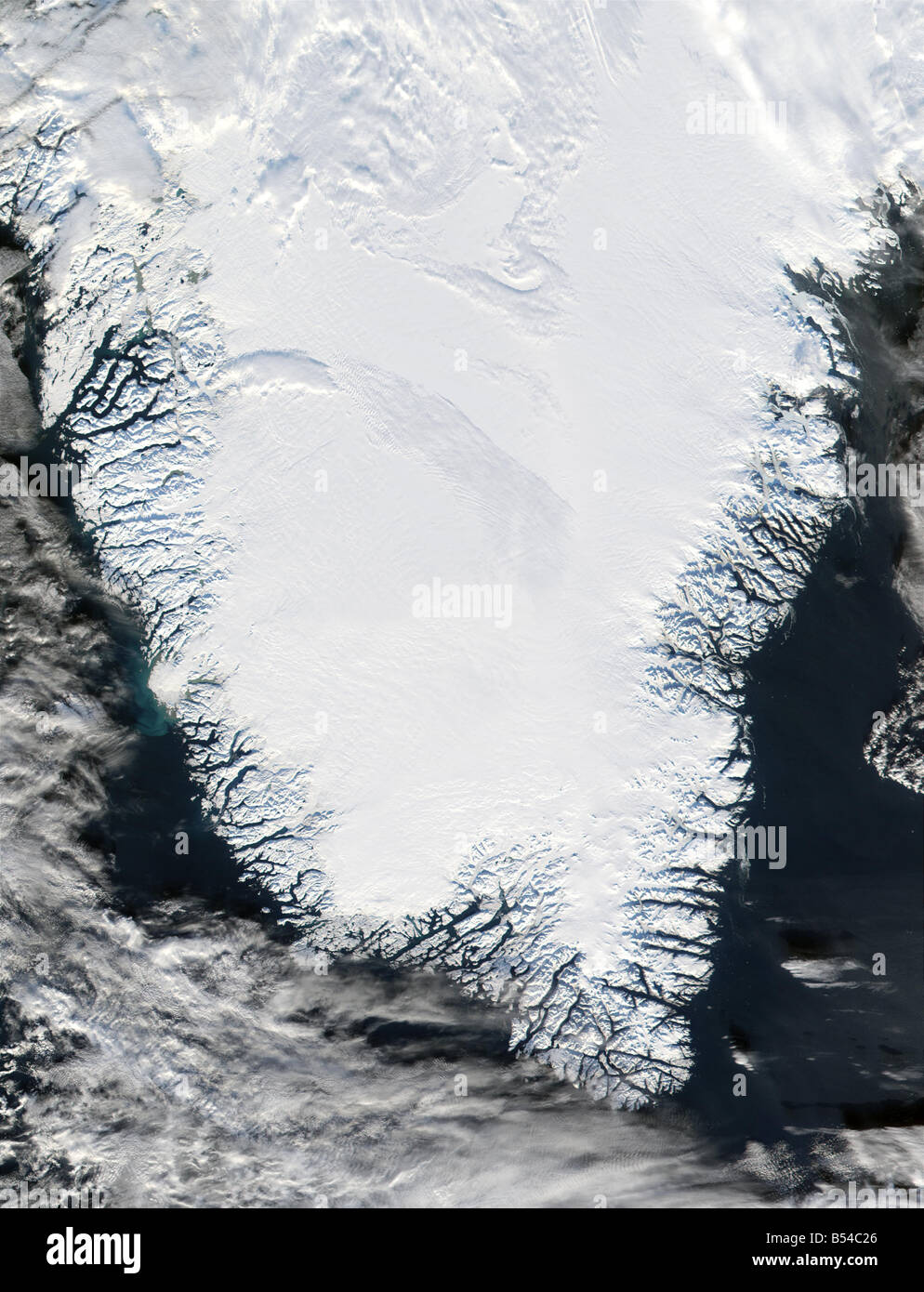 Satellite view of Greenland, snow and ice-covered Stock Photo