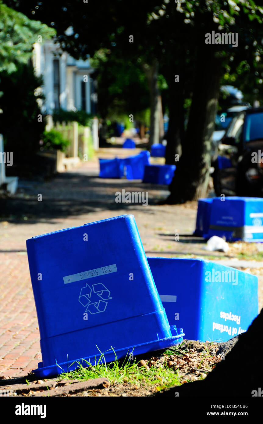 Recycling boxes on the pavement, Portland, Maine Stock Photo Alamy