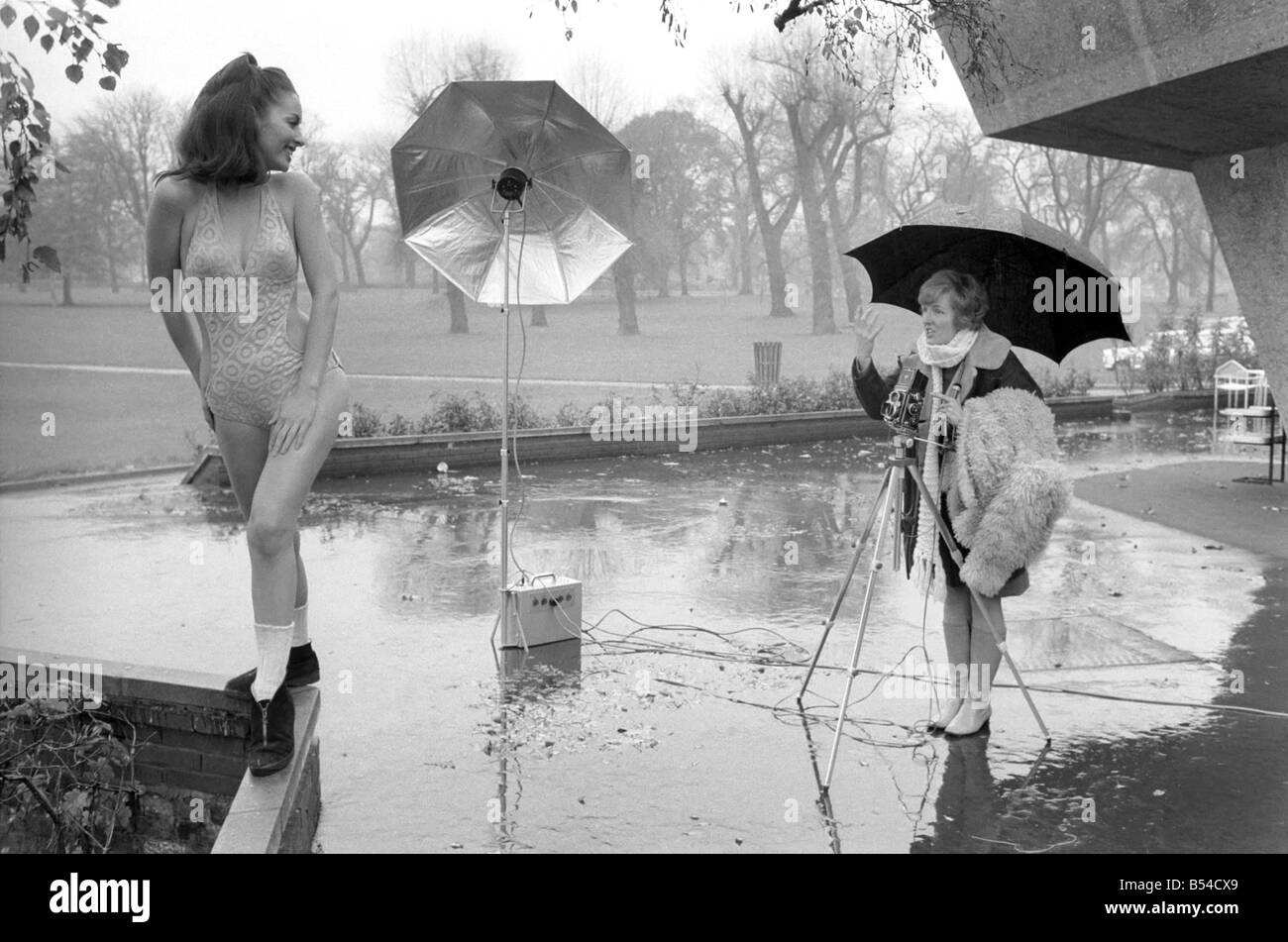 Swimming costume. Model Marion Proffitt wearing a Turquoise Lycra one