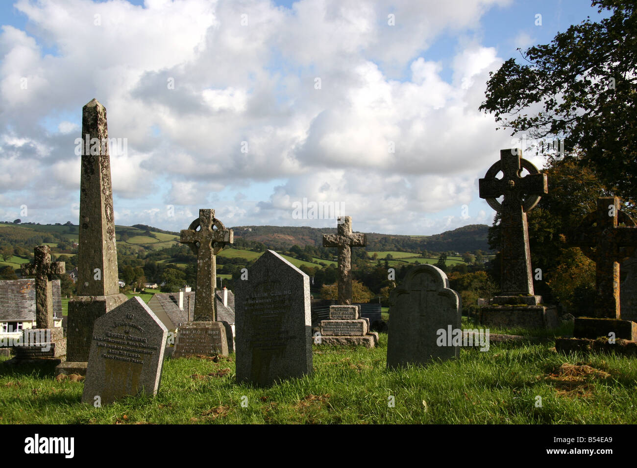 Old gravestones and graveyard at Chagford Dartmoor Devon England Stock Photo