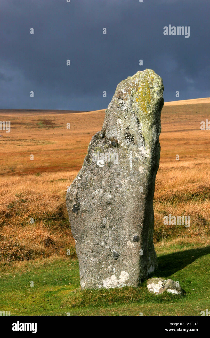 Standing stone at Scorhill stone circle Dartmoor Devon England Stock