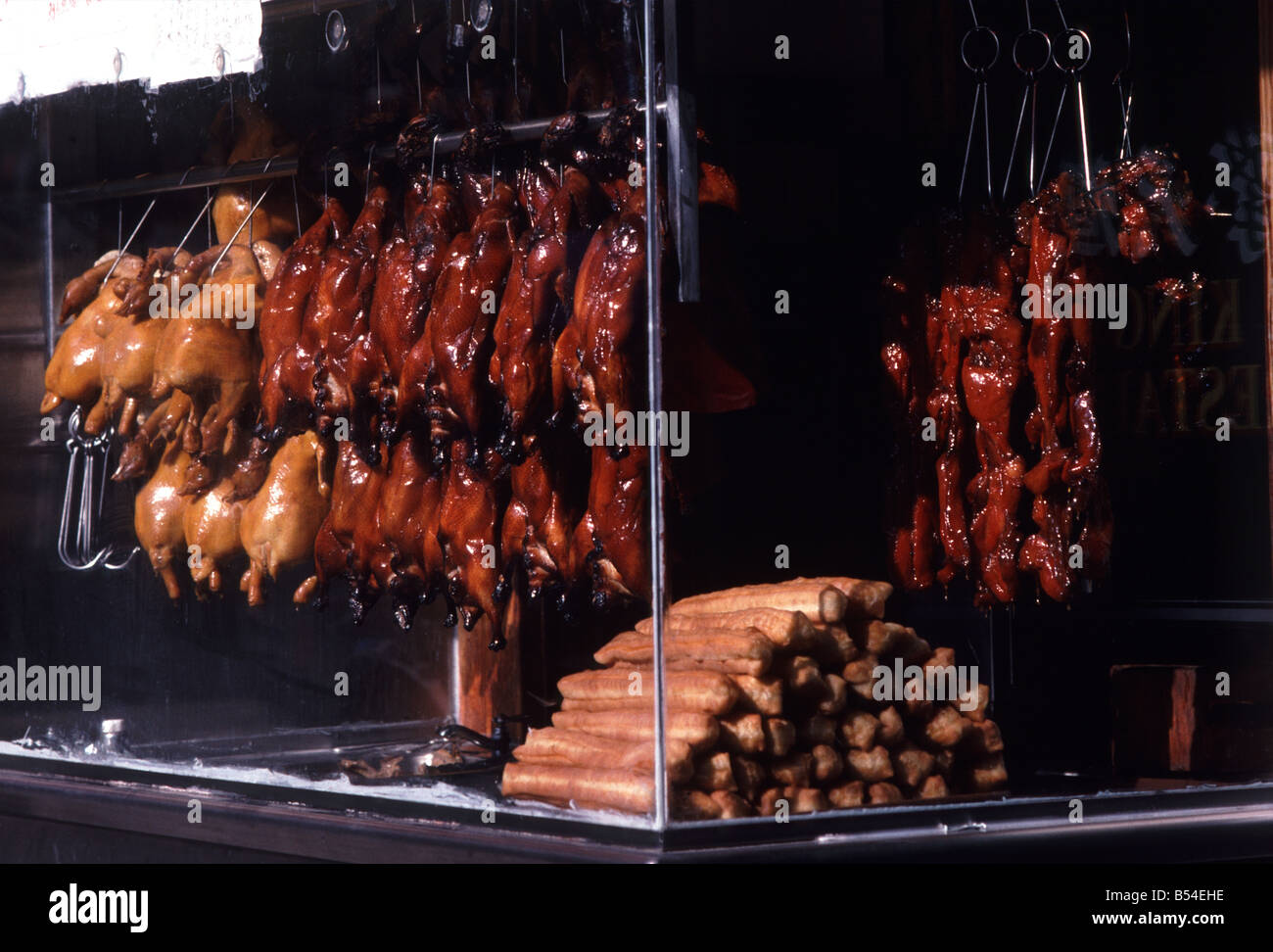 roast duck soy sauce chicken in restaurant s window Chinatown San Francisco California Stock