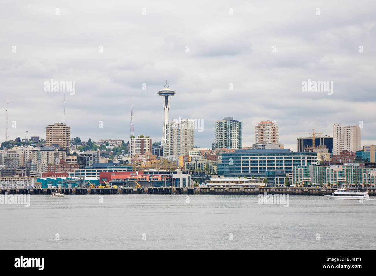 Space Needle behind Seattle waterfront Stock Photo