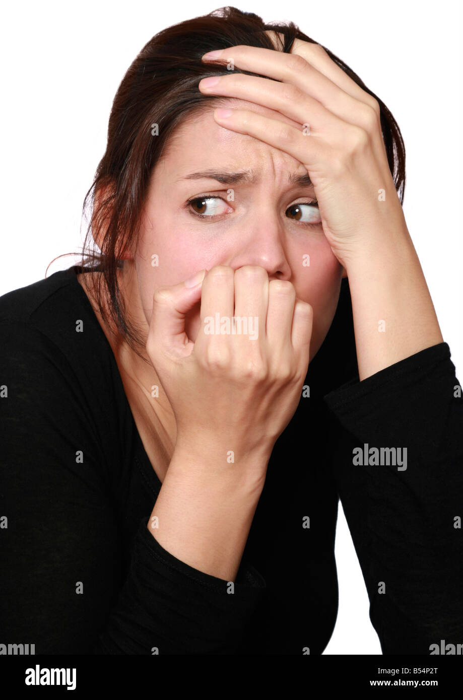 woman looking frightened Stock Photo