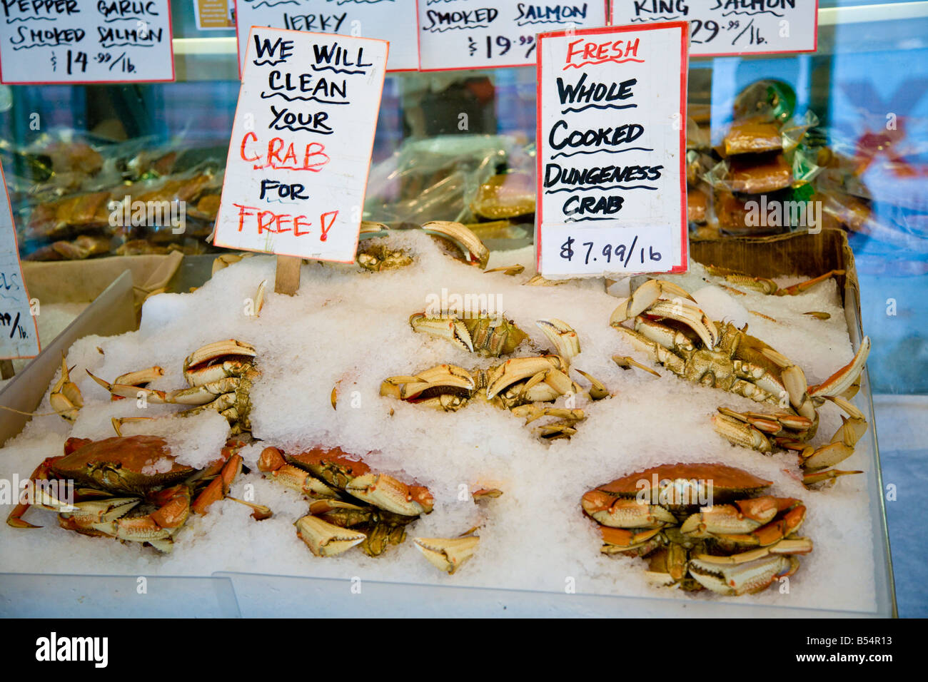 Fresh seafood for sale at Pike Place Market in downtown Seattle, Washington Stock Photo