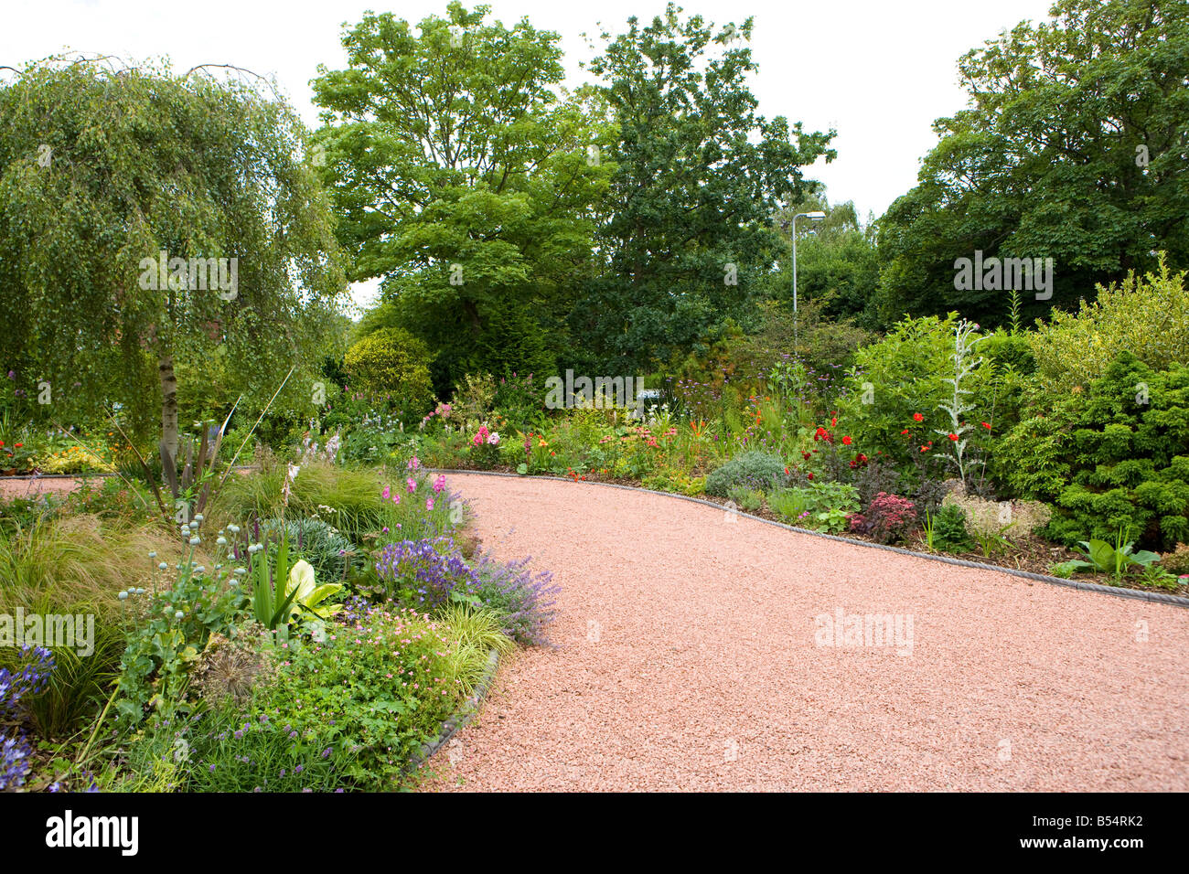 front garden of a large detached house with red gravel driveway and holly bushes Stock Photo