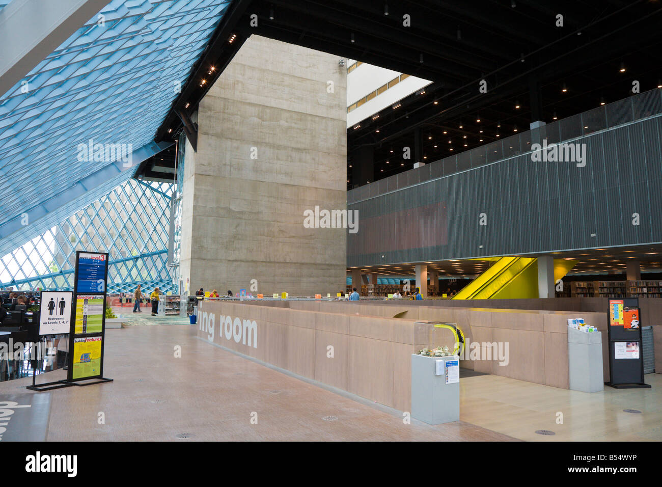 Interior of Seattle Public Library lobby in downtown Seattle Washington Stock Photo