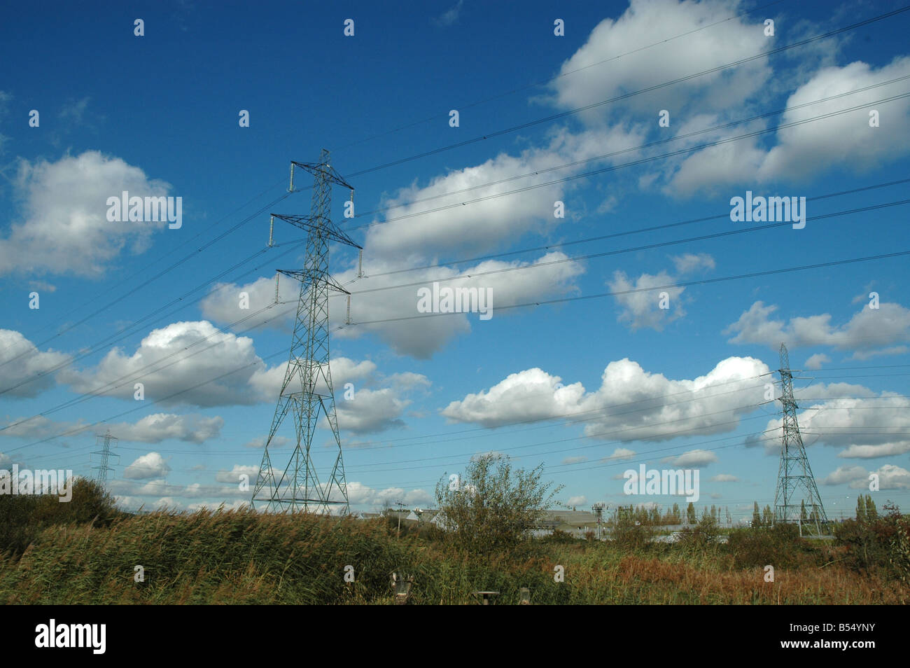 An electricity pylon with blue sky above Stock Photo - Alamy