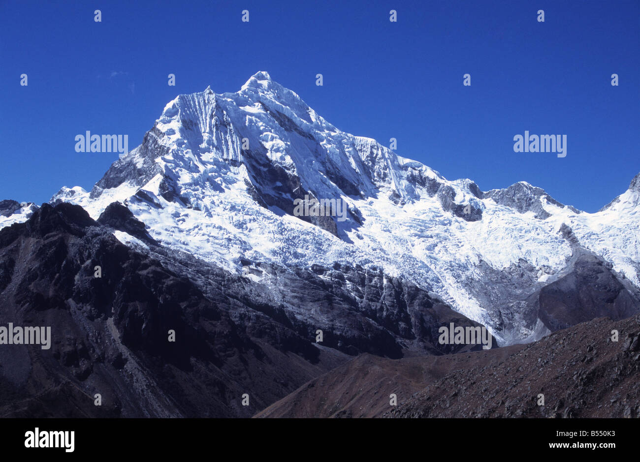 Mt Chopicalqui and receding glacier, Cordillera Blanca, Peru Stock Photo