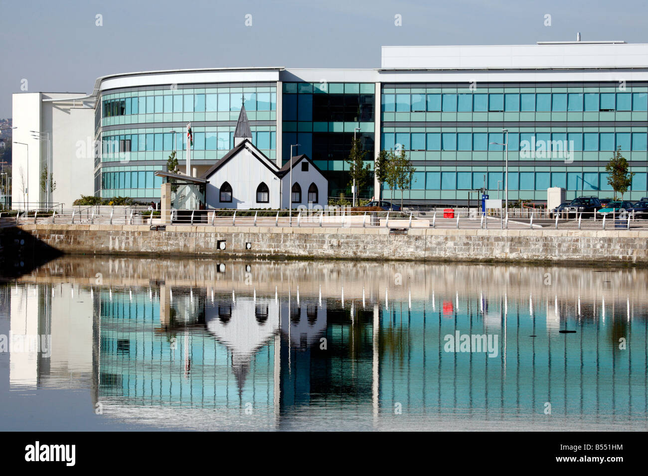 Sjormanns Kirken Norwegian Church and New Waterfront Developments Swansea Harbour Abertawe South Wales Stock Photo