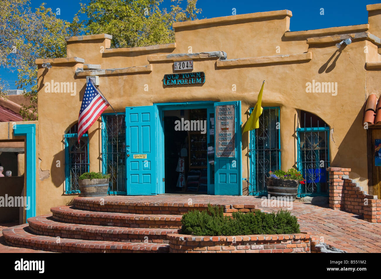 Colorful adobe storefront of store in Old Town Plaza Albuquerque NM