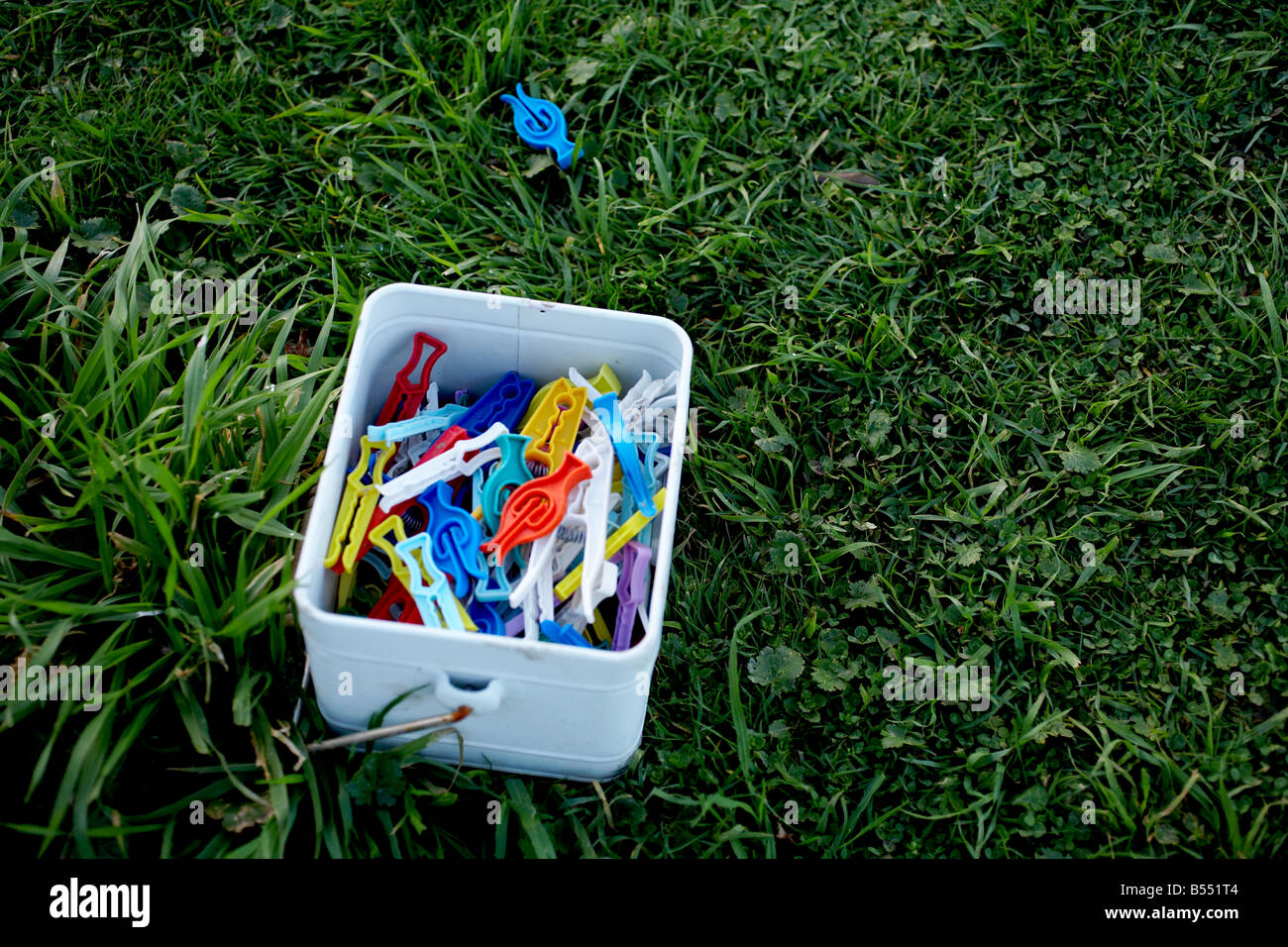 clothes pegs in container on lawn Stock Photo Alamy