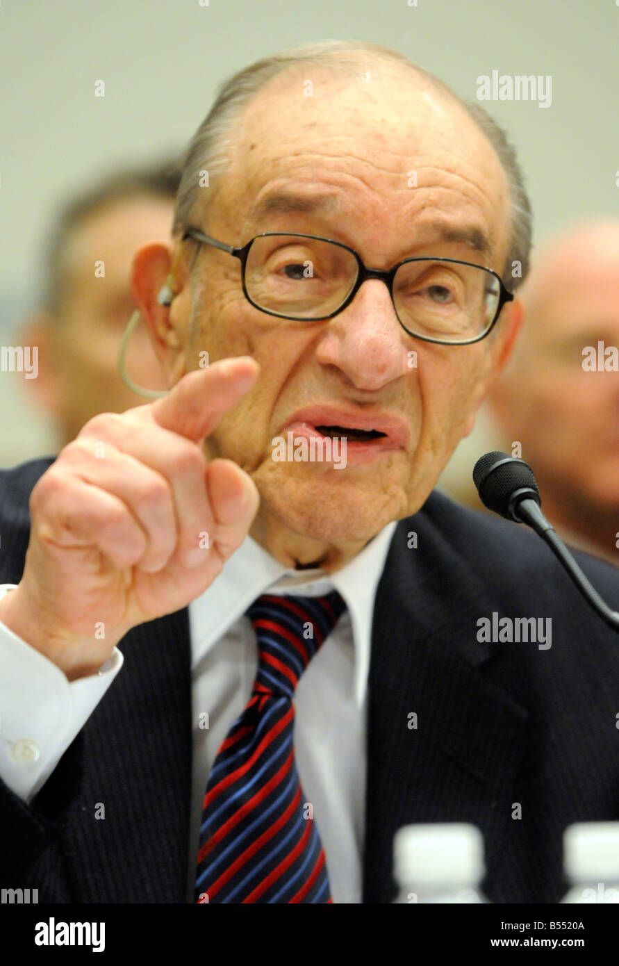 Former Federal Reserve Chairman Alan Greenspan speaks before the House  Oversight and Government Reform Committee Washington DC Stock Photo - Alamy