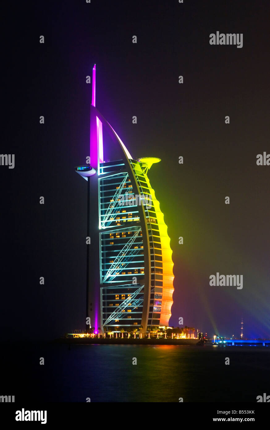 Jumeirah, Dubai, United Arab Emirates. Burj Al Arab hotel illuminated at night. Stock Photo