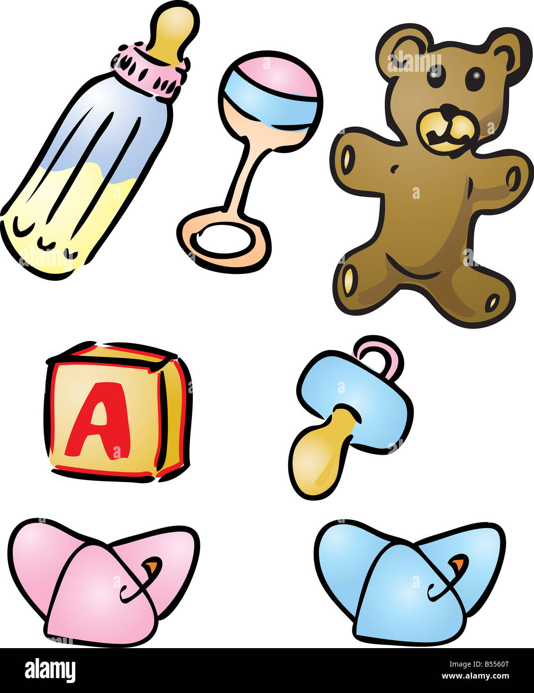 Illustration set of baby items bottle rattle teddybear alphabet bloc pacifier diapers Stock Photo