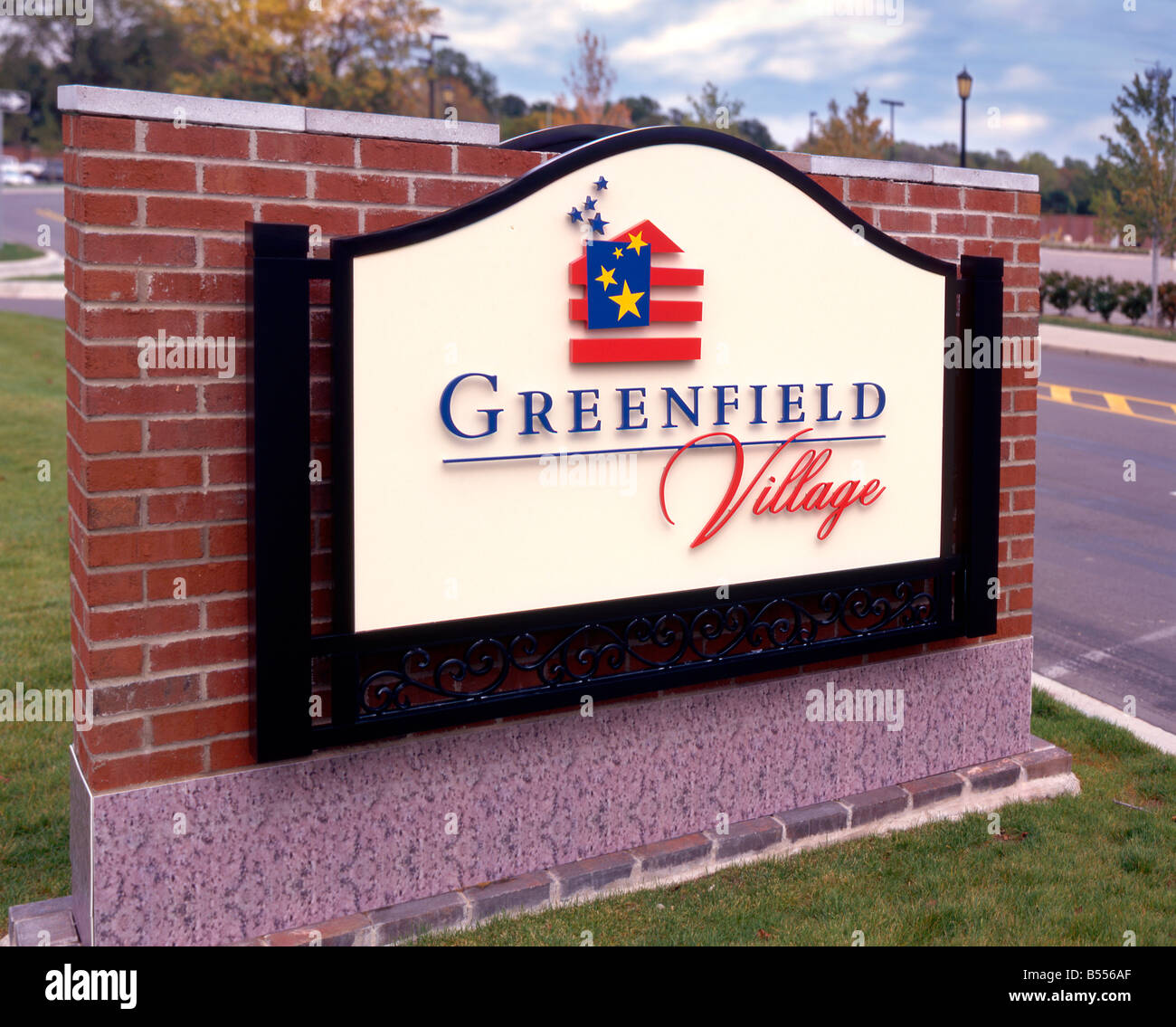 Entrance sign to Greenfield Village - Michigan USA Stock Photo