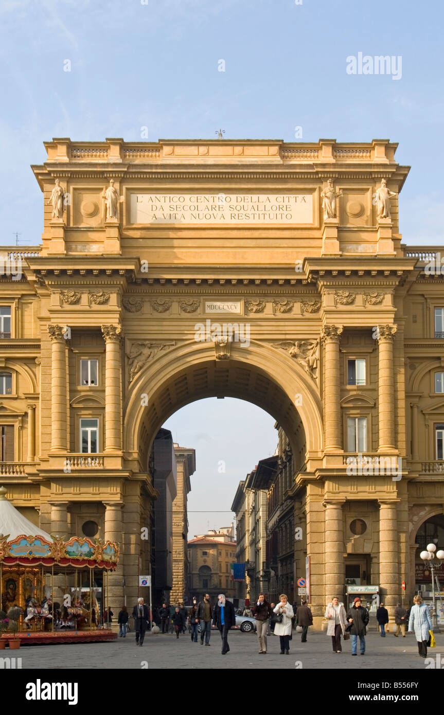 A view of the triumphal arch on the western side of Piazza della Repubblica in Florence. Stock Photo