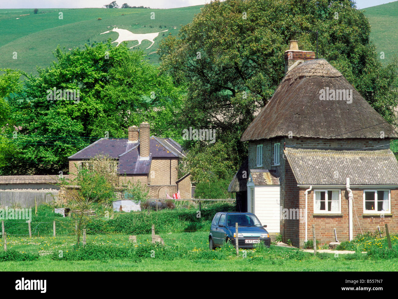 Thatched cottage sits beneath high chalk downs in the Vale of Pewsey, Wiltshire, England, with the Walker White Horse in bkgd Stock Photo
